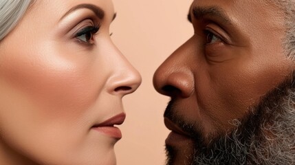 Wall Mural - A close-up image of two individuals facing each other with a soft warm-toned background highlighting their facial features and expressions which suggest a moment of connection or interaction.