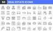 © Gofficon - Real Estate vector line icon set. Contains linear outline icons like Home, Office, Building, Rent, Property, Bedroom, Elevator, Key, Mortgage, Residential, Bathroom, Map. Editable use and stroke.