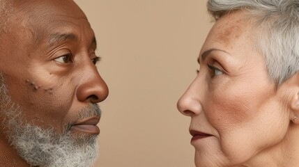 Wall Mural - A close-up of two elderly individuals facing each other with a focus on their facial expressions and features.