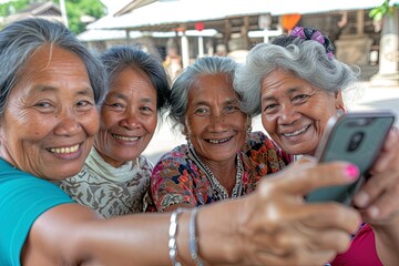 Wall Mural - Group of senior asian female friends taking selfie in Angkor Wat, Siem Reap, Cambodia.