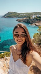 Funny young woman traveler taking selfie at beach in summer vacation.