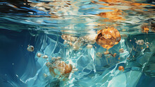 Painting Art Clear Blue Water Rocks Shore, Oil, Acrylic, Watercolor, Landscape, Ocean, Sea, Underwater Sun Rays, Stones, Waves, Splashes, Bubbles, Wallpaper Background, Generative AI