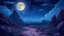 Night Mountain Landscape With Path Leading To Rocky Hills Under Starry Sky With Clouds And Full Moon. Cartoon Vector Illustration Of Dark Blue Dusk Scenery With Road And Rocks Under Moonlight