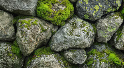 Wall Mural - Moss-covered stones close-up texture background