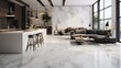 Carrara marble used for interior decoration with abstract ceramic tiles and floor surface.