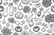 © SOLOTU - Vegetable black and white illustration in hand drawn engraving style isolated on white background. Generative Ai