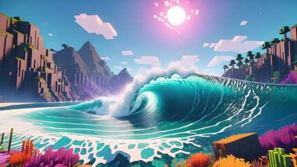 Impressive tsunami Minecraft world voxel cube mystery texture. Generative AI.