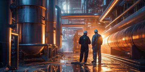 Wall Mural - Chemical industry workers in work clothes in a refinery with pipes and machinery.