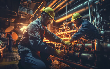 Wall Mural - Workers in protective uniform checking the indication of a manometer and examines gates and valves.