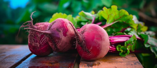 Wall Mural - A single cluster of organic beetroots, close-up on a wooden bench.