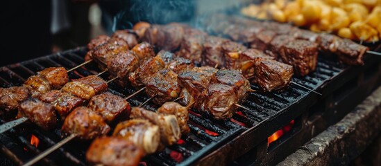 Sticker - Roasted meat on a charcoal grill with spices, at a BBQ, street food.