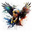 Vibrant Watercolor Eagle in Flight Artwork - Dynamic Colors and Expressive Splatter Illustration for Creative Design Projects