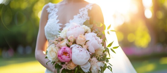 Wall Mural - A bride, adorned in a wedding gown, gracefully clutches a bouquet of blooming flowers, including Plant, Flower, Gesture, Petal, Rose, and Grass.