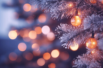  Christmas lights hanging in a tree and bokeh background