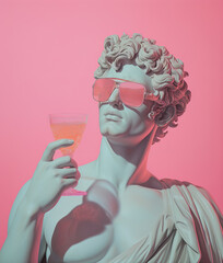 Poster - Ancient statue of a man wearing sunglasses and holding a glass of wine