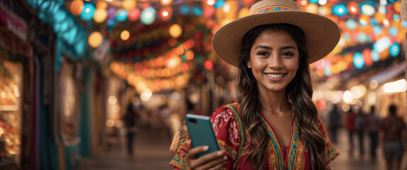 Young beautiful Caucasian Latina Hispanic teenage girl smiling happy outdoors on the street, holding her mobile phone looking, sending message on social media to get worldwide internet coverage online