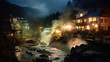 © joumonshiba gen - 湯けむりの温泉街、架空の日本の古い写真、Hot springs at night, town lights, and night views of hot spring tourist spots in Japan.Generative AI