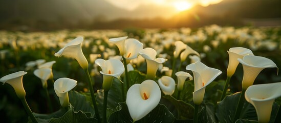 Canvas Print - A beautiful natural landscape filled with a field of white flowers, with sunlight streaming through the leaves of the plants.