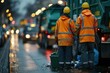 Men Standing Next to a Garbage Truck, street daily cleaning