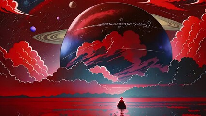 Wall Mural - Futuristic cosmic animation with red planet, deep space, galaxy. Bright cosmic animation with illustrations transformations and metamorphose. AI generated cinematic video