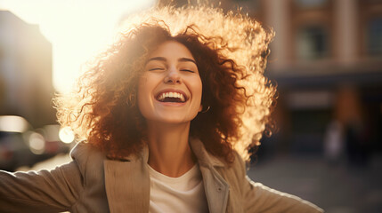 Radiant Curly-Haired Woman Smiling in City