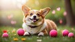 Happy corgi dog playing with a ball. Cute pet running in an outdoor park.