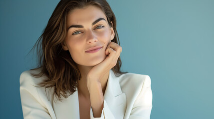 Wall Mural - Close-up natural candid studio portrait of young stylish and trendy brunette businesswoman wearing minimalist modern business clothing and staring into the camera, isolated against a blue background