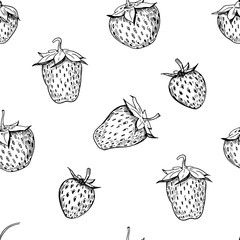 Wall Mural - Strawberries, seamless pattern,  realistic sketches, vector illustrations, hand drawn, black outline on a transparent background