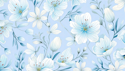  Seamless pattern with white flowers on blue background Vector illustration