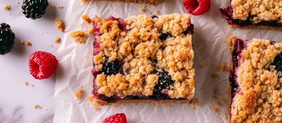 Canvas Print - Top view of berry bars with crumble topping on baking paper.