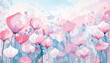 Vector floral background with pink poppies and blue watercolor splashes