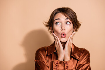 Wall Mural - Photo of excited cheerful woman wear silky blouse arms cheeks looking empty space isolated beige color background