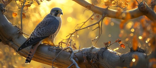 Poster - Female red-footed falcon perched in a sunlit tree, surrounded by natural wildlife.