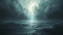 Dark Water And A Beam Of Light, In The Style Of Dark Sky-blue And Light Gray, Realistic Yet Stylized, Subtle Atmospheric Perspective, Light Bronze, And Sky 