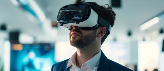 Poster - A person wearing VR goggles for vision care in an office, providing immersive experience with an electric blue display device.
