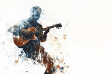Male Guitarist Musician Playing An Acoustic Guitar In An Abstract Music Style Distressed Vintage Watercolour Painting For A Poster Or Flyer, Stock Illustration Image Isolated On A White Background 
