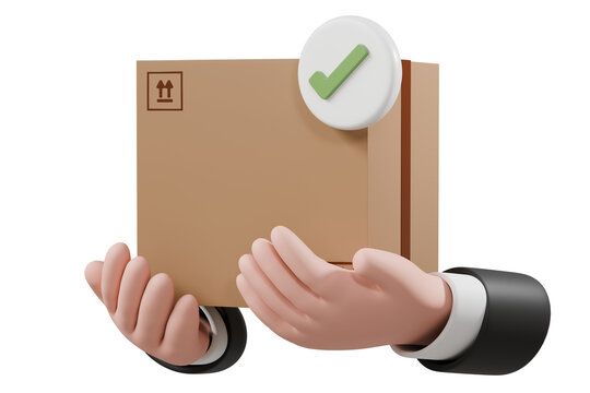 3d hand hold cardboard box or delivery box with check, correct mark. delivery successfully. warranty quality guarantee shipping delivery concept. logistic graphic element icon isolated. 3d rendering.