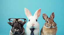 Funny Rabbits. Animals With Glasses Look At The Camera. Animals In A Group Together Looking At The Camera. An Unusual Moment Full Of Fun And Fashion Consciousness.