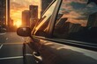 A detailed view of a car's windshield, showcasing its industrial design against the backdrop of a bustling cityscape at sunset