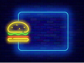 Wall Mural - Fast food restaurant neon poster. American eating. Burger and empty turquoise frame. Editing text. Vector illustration