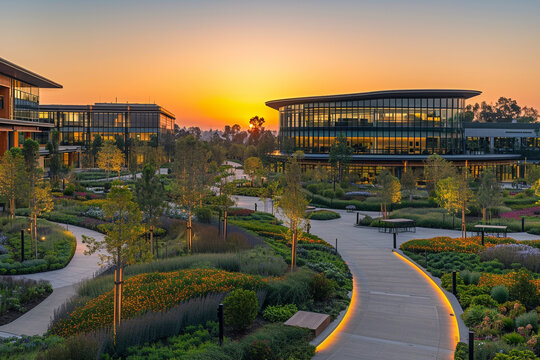 An aerial view of a bustling corporate campus at sunset, showcasing contemporary architecture and landscaped gardens, reflecting the scale of the business