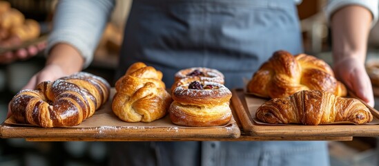 Poster - Freshly baked bakery items are presented on a wooden tray held by individuals.