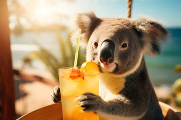 Wall Mural - koala bear drinking a cocktail in summer sunny sea beach