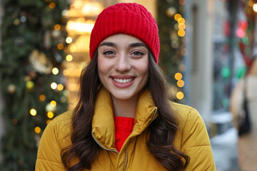 Canvas Print - Portrait of smiling woman on city street in winter