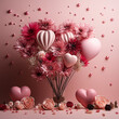heart shaped balloons and confetti with bouquet of wildflowers for Valentines day
