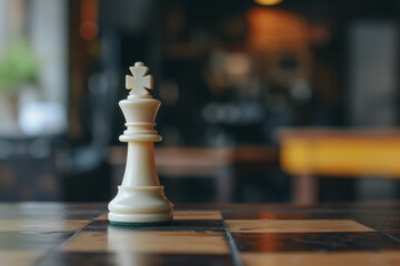 Poster - White chess piece on a dark wooden board