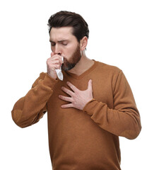 Poster - Sick man with tissue coughing on white background