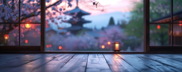 Japanese house interior with view window bright Beautiful scenery, a curled,empty white wooden table with Japan Beautiful view of Japanese pagoda and old house in Kyoto, Japan, spring cherry blossoms