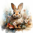 watercolour drawing of sweat little easter bunny in a meadow with some easter-eggs around him