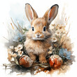 watercolour drawing of sweat little easter bunny in a meadow with some easter-eggs around him